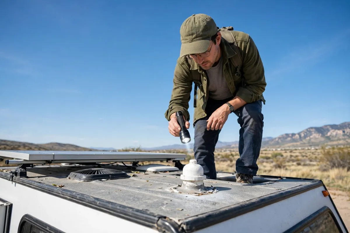 Camper owner on a truck camper roof checking the white plumbing vent cap with a flashlight