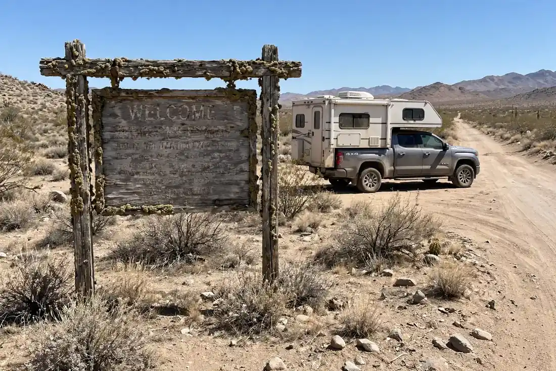 Weathered BLM welcome sign at a dirt road entrance with a truck camper parked beyond