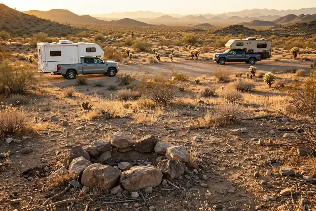 Two truck campers parked far apart at a dispersed desert site with a shared stone fire ring