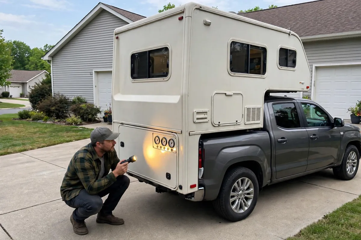 Owner checking tank level gauges with a flashlight during a driveway shakedown test before boondocking
