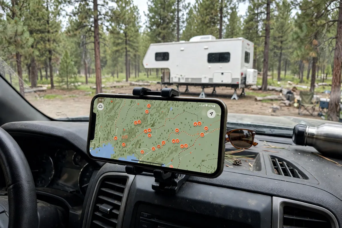 Phone on a truck dashboard showing a campsite map app with saved pins at a forest boondocking site