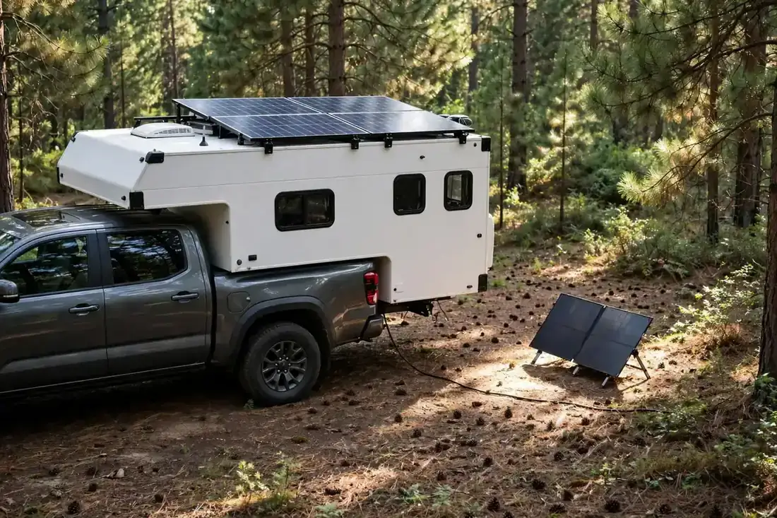 Truck camper with rooftop solar and a portable ground panel charging at a shaded boondocking site