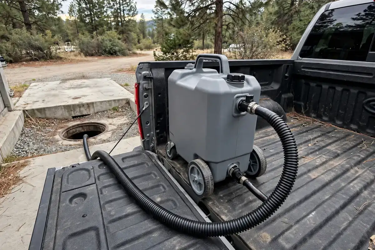 Gray water tote tank in a pickup truck bed at a dump station with the drain hose connected