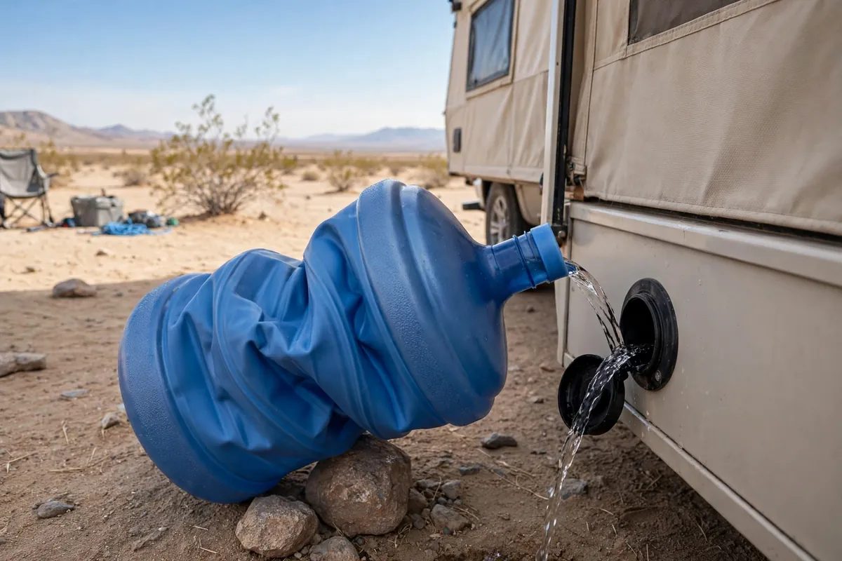 Pouring water from a collapsible jug into a truck camper fresh tank fill at a desert campsite