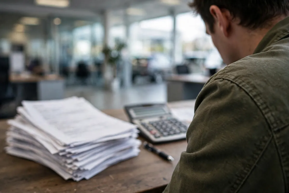 Buying Truck Camper Dealer Tips: Red Flags That Keep You From Getting Ripped Off 3 Buyer reviewing a stack of purchase contract pages with a calculator and pen at a dealership