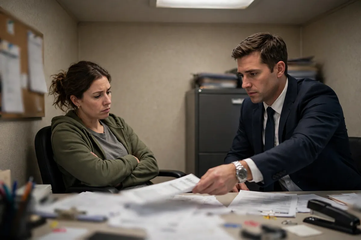 Buying Truck Camper Dealer Tips: Red Flags That Keep You From Getting Ripped Off 4 Wary buyer studying loan paperwork while a finance manager slides another form across the desk