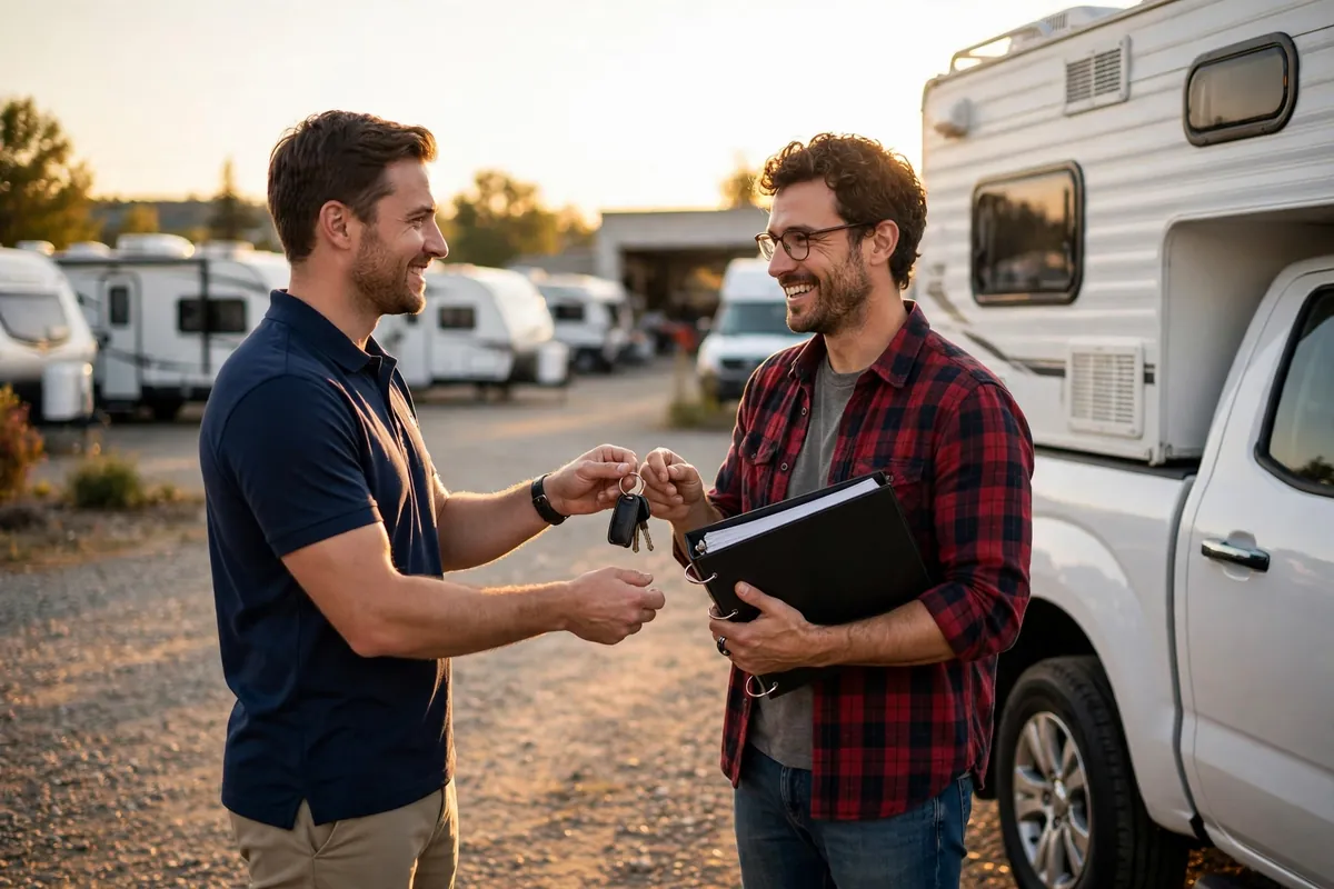 Buying Truck Camper Dealer Tips: Red Flags That Keep You From Getting Ripped Off 7 Salesperson handing camper keys and an owner's manual binder to a new owner at delivery