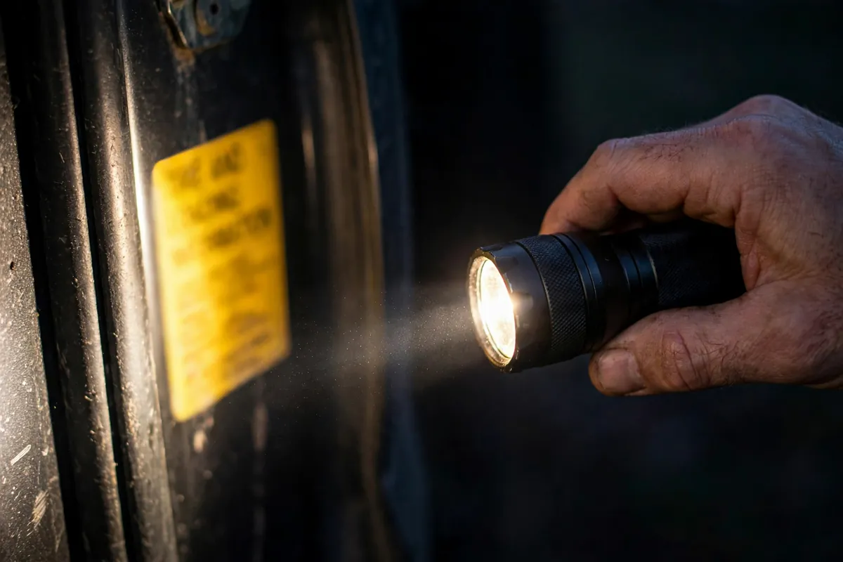 Buying Truck Camper Dealer Tips: Red Flags That Keep You From Getting Ripped Off 2 Hand holding a flashlight reading the yellow Tire and Loading Information placard on a truck door jamb