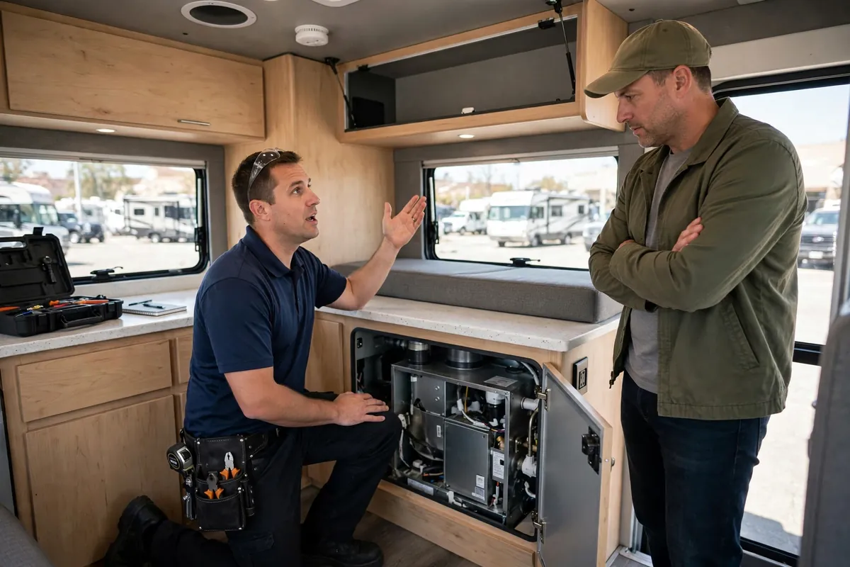 Buying Truck Camper Dealer Tips: Red Flags That Keep You From Getting Ripped Off 5 Service technician demonstrating a truck camper furnace to a buyer during a delivery walkthrough