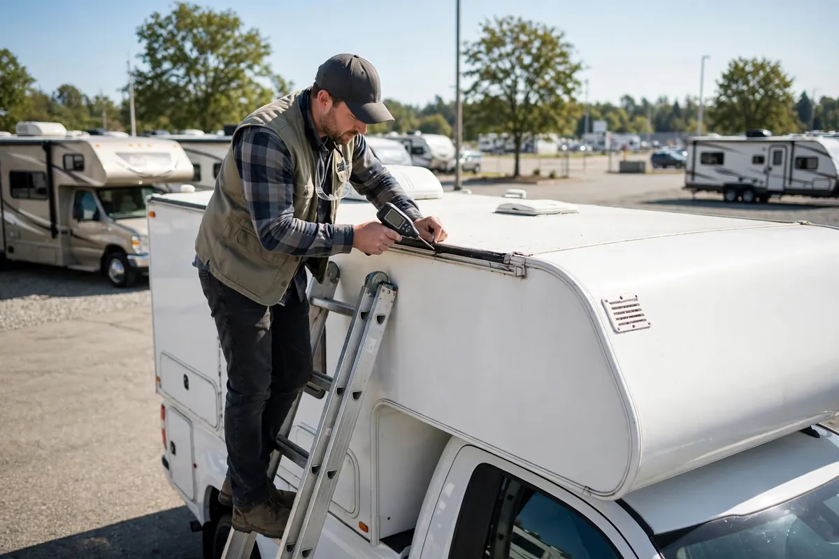Buying Truck Camper Dealer Tips: Red Flags That Keep You From Getting Ripped Off 6 Inspector on a ladder pressing a moisture meter against truck camper roof seals