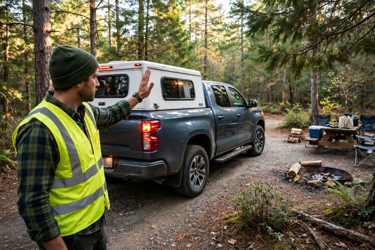 Driving With a Truck Camper - Wind, Grades, Braking, and Backing In 7 Spotter in a high-visibility vest giving clear hand signals while guiding a truck camper backing into a wooded campsite.