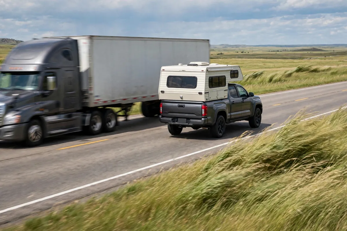 Driving With a Truck Camper - Wind, Grades, Braking, and Backing In 3 Truck camper on a pickup truck on an open windy highway with grass bending and a semi truck passing in the next lane.