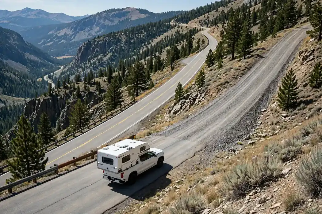 Driving With a Truck Camper - Wind, Grades, Braking, and Backing In 4 Truck camper on a pickup truck descending a long mountain grade with a gravel runaway ramp escape lane at the roadside.