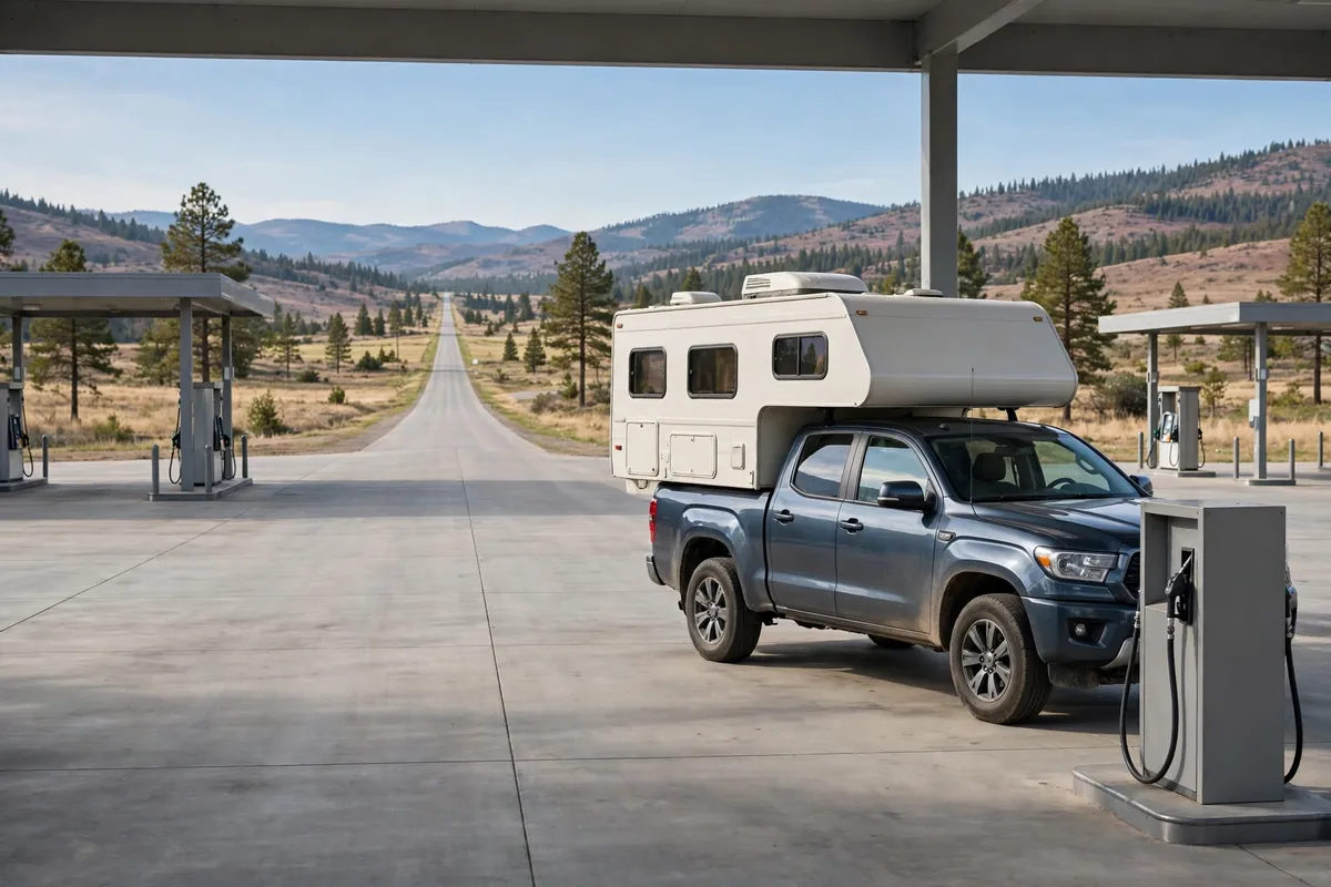 Driving With a Truck Camper - Wind, Grades, Braking, and Backing In 6 Truck camper on a pickup truck at an outside fuel pump at a roomy truck stop with a clear straight exit ahead.