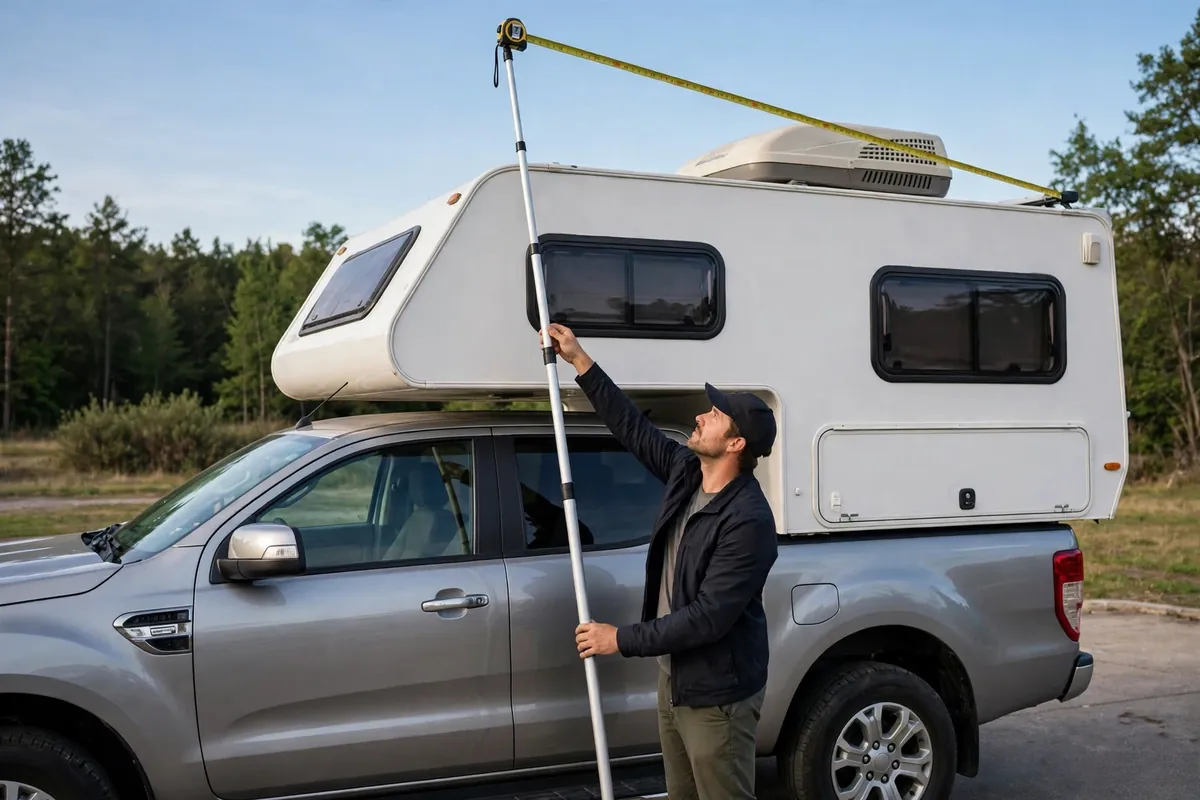 Driving With a Truck Camper - Wind, Grades, Braking, and Backing In 5 Driver measuring the height of a truck camper on a pickup truck with a long measuring pole reaching the roof air conditioner.