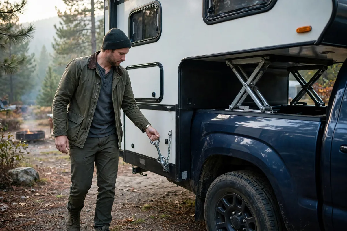 Driving With a Truck Camper - Wind, Grades, Braking, and Backing In 2 Owner walking around a truck camper doing a pre-drive check, hand on a turnbuckle, with the truck tire and camper visible.