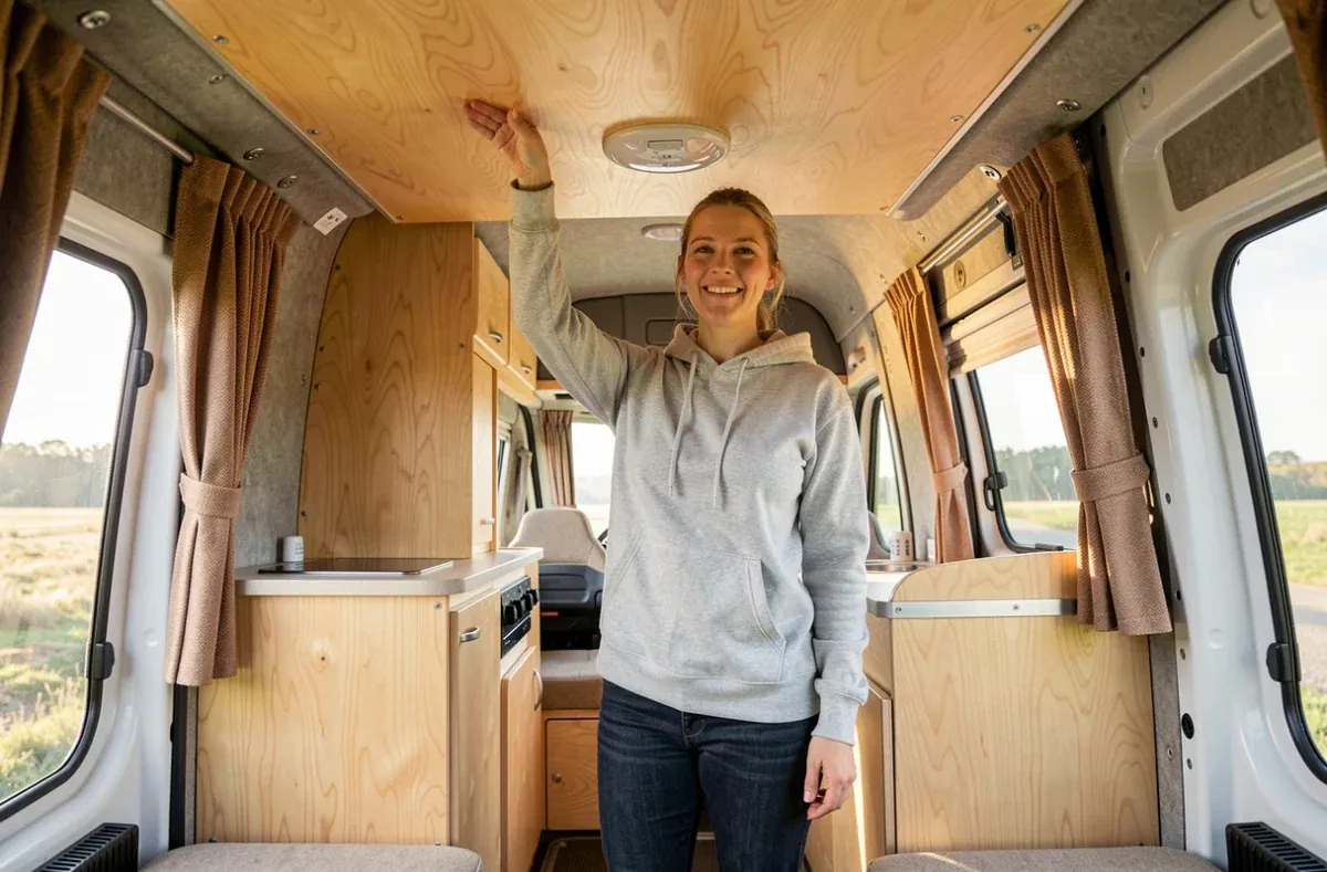 Truck Camper for Tall People: What Actually Works at 6'2" and Up 3 Woman standing inside a hard-side truck camper touching the ceiling to check interior height