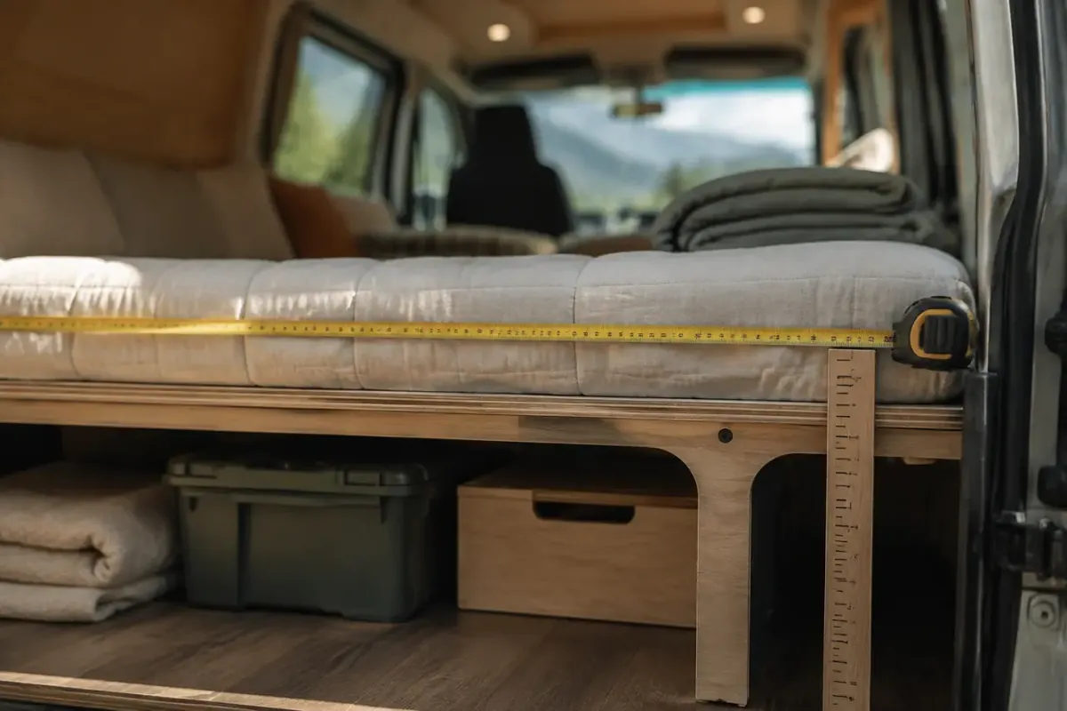 Truck Camper for Tall People: What Actually Works at 6'2" and Up 2 Tape measure stretched across a truck camper cabover bed showing sleeping length