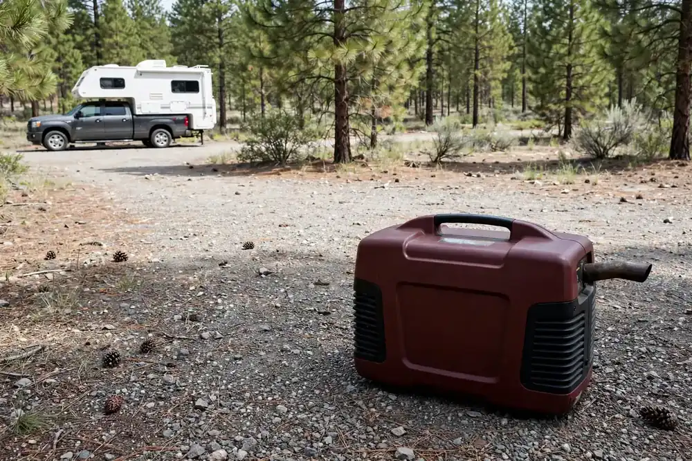 Generator vs Solar for Truck Camper Boondocking: Real Costs, Real Owners 4 Portable generator sitting on gravel well away from a truck camper at a dispersed pine forest campsite