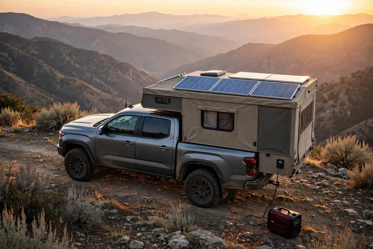 Generator vs Solar for Truck Camper Boondocking: Real Costs, Real Owners 6 Truck camper at a mountain overlook at golden hour with rooftop solar panels and a small generator near the truck