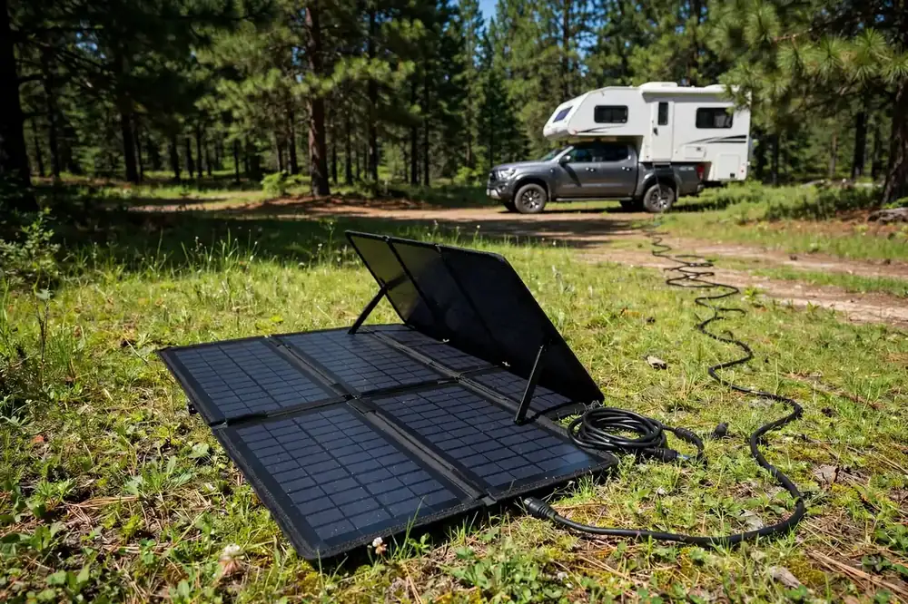 Generator vs Solar for Truck Camper Boondocking: Real Costs, Real Owners 5 Portable folding solar panel unfolded in a sunny forest clearing while the truck camper stays parked in the shade of pine trees