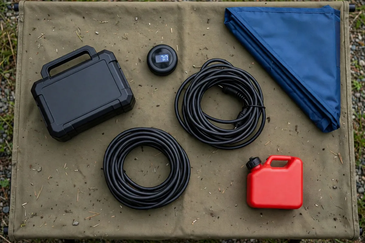 Generator vs Solar for Truck Camper Boondocking: Real Costs, Real Owners 7 Overhead view of boondocking power essentials on a camp table: lithium battery, battery monitor, coiled cords, folded solar panel and fuel can