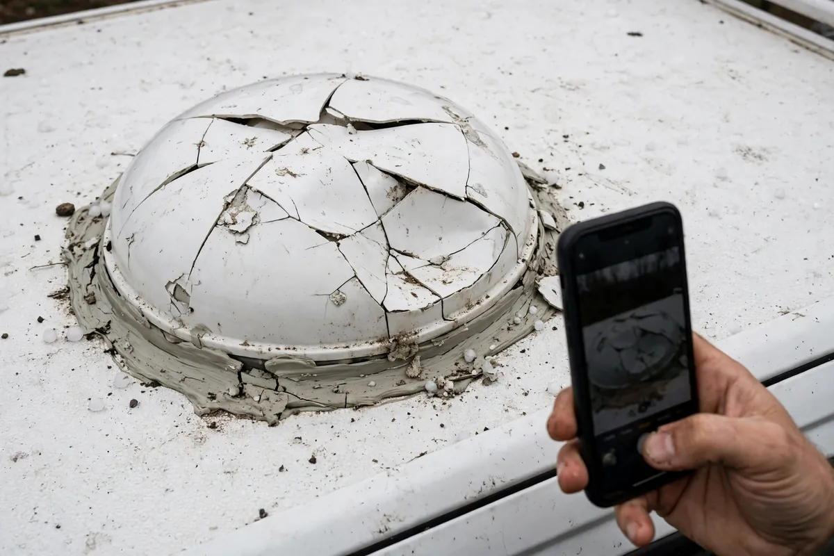 Truck Camper Hail Damage: Prevention, Insurance, and Repair 3 Hail-cracked plastic roof vent lid on a truck camper roof photographed for insurance