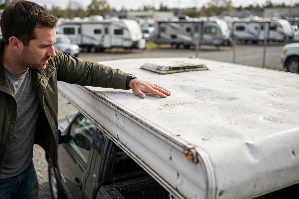 Truck Camper Hail Damage: Prevention, Insurance, and Repair 6 Buyer running a hand across a used truck camper roof checking for hail dents