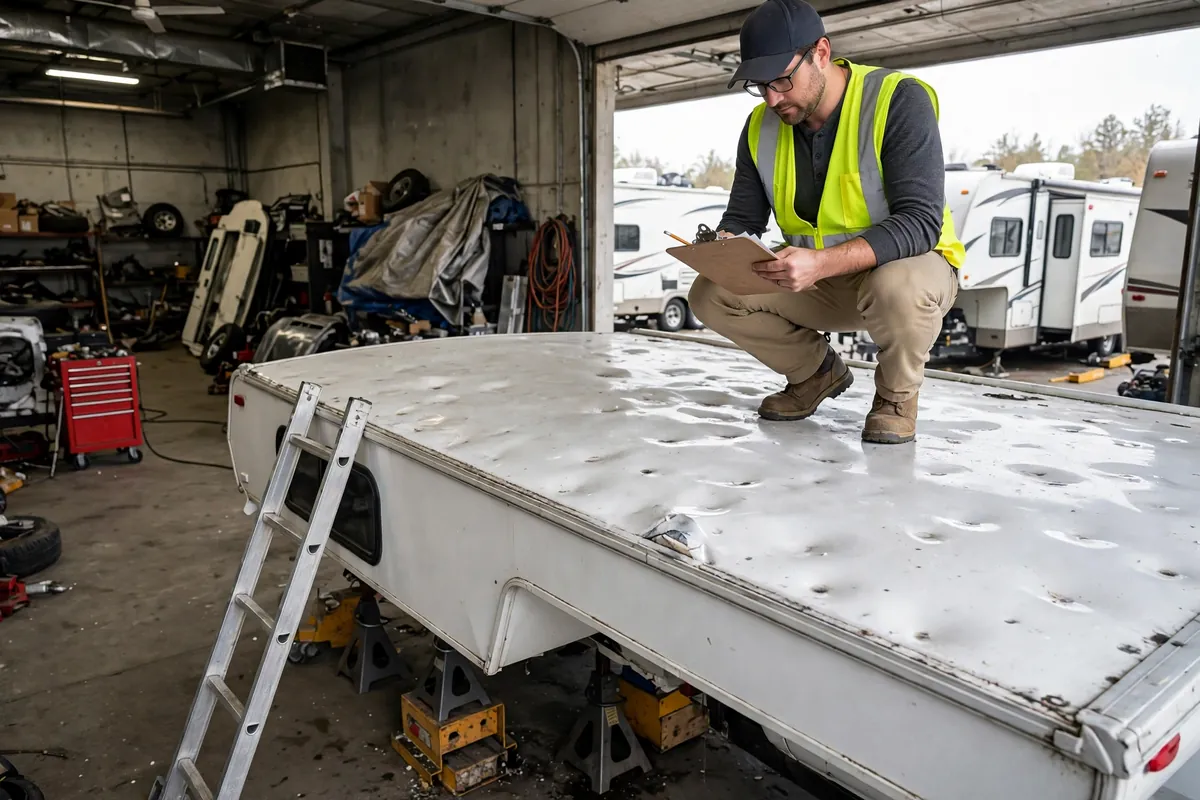 Truck Camper Hail Damage: Prevention, Insurance, and Repair 4 Insurance adjuster with clipboard inspecting a hail-dented truck camper roof at a repair shop