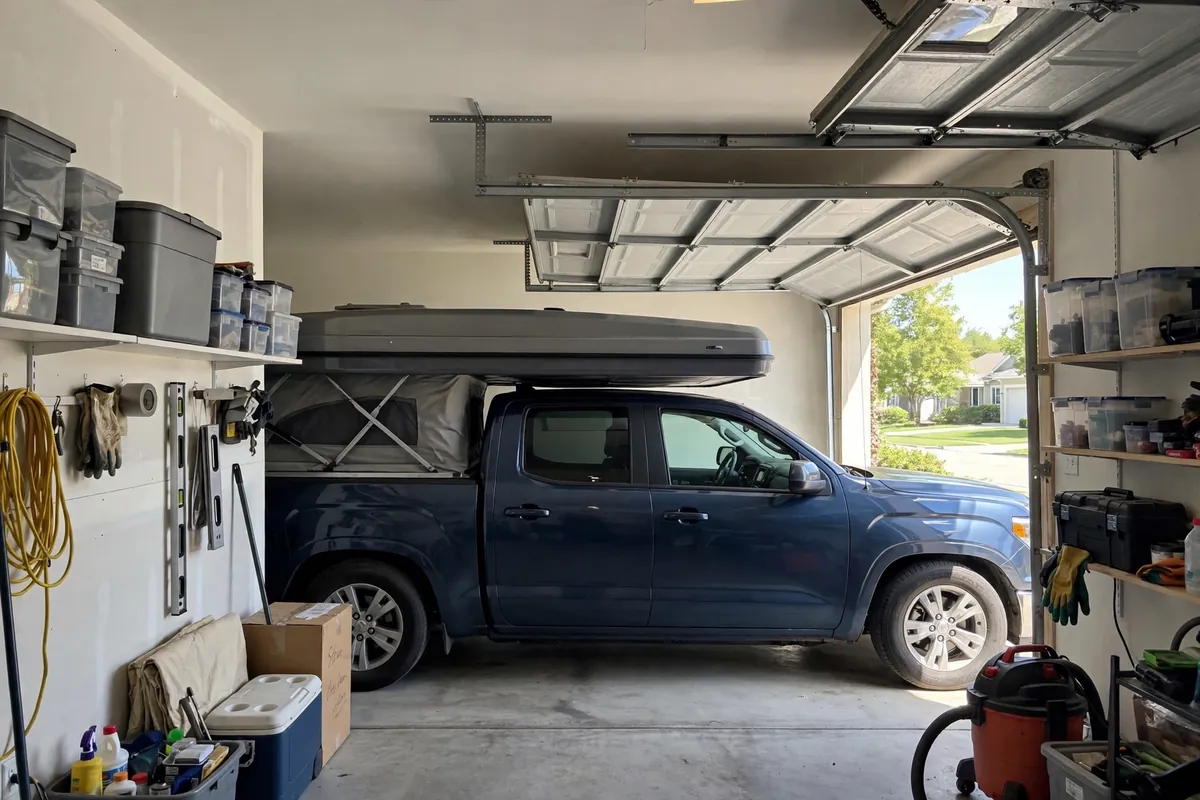 Truck Camper Hail Damage: Prevention, Insurance, and Repair 2 Lowered pop-up truck camper stored inside a residential garage