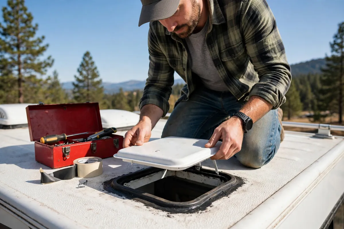Truck Camper Hail Damage: Prevention, Insurance, and Repair 5 Camper owner replacing a hail-damaged roof vent lid on a truck camper roof with toolbox nearby