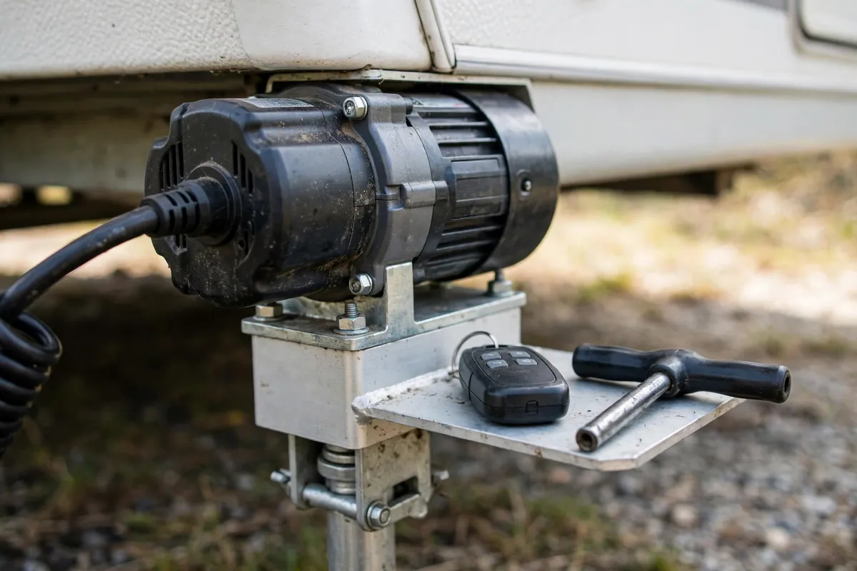 Truck Camper Jacks Electric vs Manual Maintenance and What to Do When One Fails 2 Electric truck camper jack motor head with a wireless remote beside it and a manual crank handle for comparison.