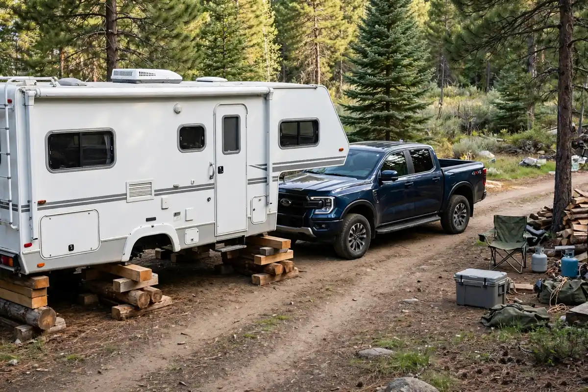 Truck Camper Jacks Electric vs Manual Maintenance and What to Do When One Fails 6 Truck camper lowered close to the ground on wooden blocking with a pickup truck positioned to drive back underneath it.