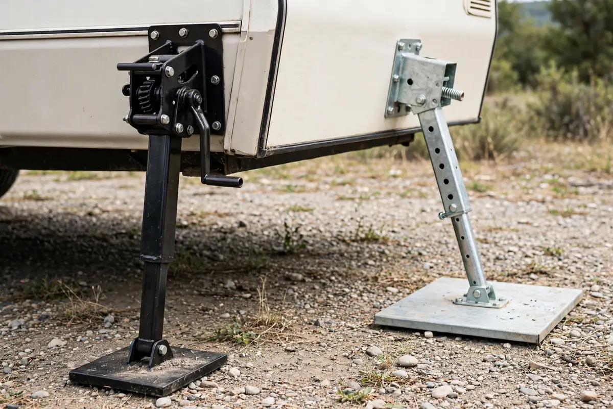 Truck Camper Jacks Electric vs Manual Maintenance and What to Do When One Fails 3 Two different corner-mounted truck camper jack legs with steel brackets, square tubing and wide footpads on a camper wall.