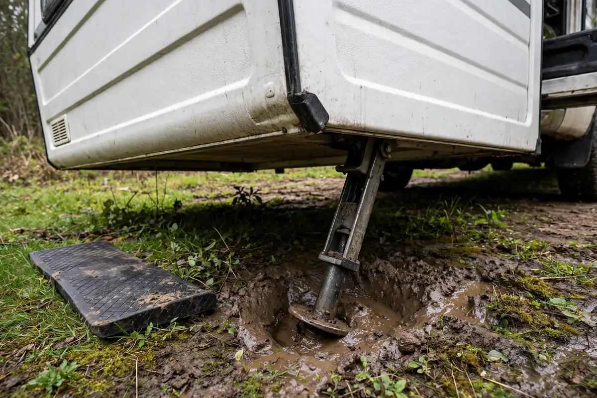 Truck Camper Jacks Electric vs Manual Maintenance and What to Do When One Fails 5 Truck camper corner leaning with a jack foot sunk into soft muddy ground, a wide jack pad lying beside it on the grass.
