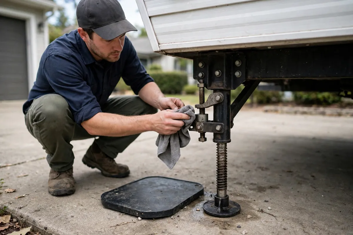 Truck Camper Jacks Electric vs Manual Maintenance and What to Do When One Fails 4 Owner cleaning and inspecting a truck camper jack screw and bracket with a rag, checking bolts and the footpad on a driveway.
