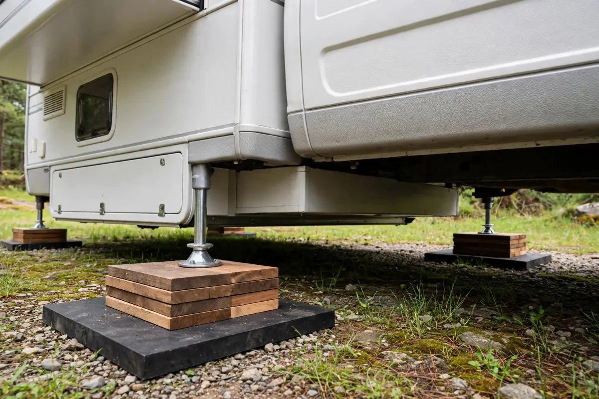 Truck Camper Jacks Electric vs Manual Maintenance and What to Do When One Fails 7 Wide jack pads and hardwood blocking under truck camper jack feet on grass and gravel, camper lowered close to the ground.
