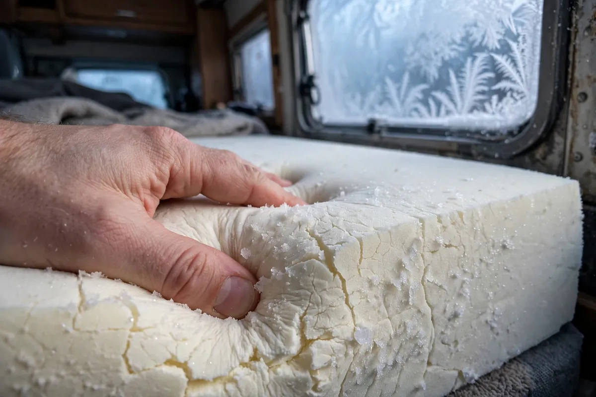 Truck Camper Mattress Upgrade - Fixing the Cabover Sleep Problem 2 Hand pressing a stiff memory foam mattress topper in a cold truck camper cabover with frosty window