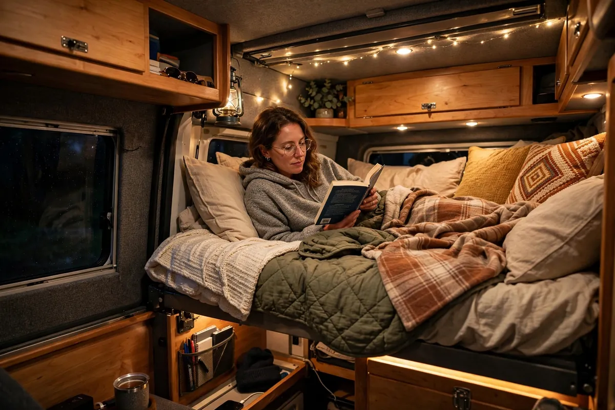Truck Camper Mattress Upgrade - Fixing the Cabover Sleep Problem 7 Person reading in a cozy layered truck camper cabover bed with warm night lighting