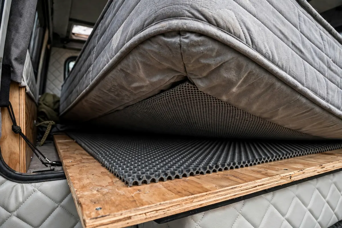 Truck Camper Mattress Upgrade - Fixing the Cabover Sleep Problem 4 Ventilation mesh matting on plywood cabover platform under a lifted truck camper mattress corner