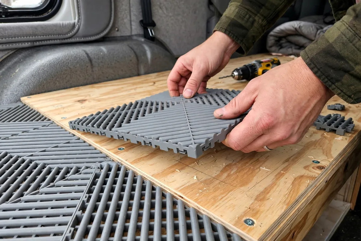 Truck Camper Mattress Upgrade - Fixing the Cabover Sleep Problem 5 Hands installing interlocking ventilation tiles on a clean truck camper plywood bed platform