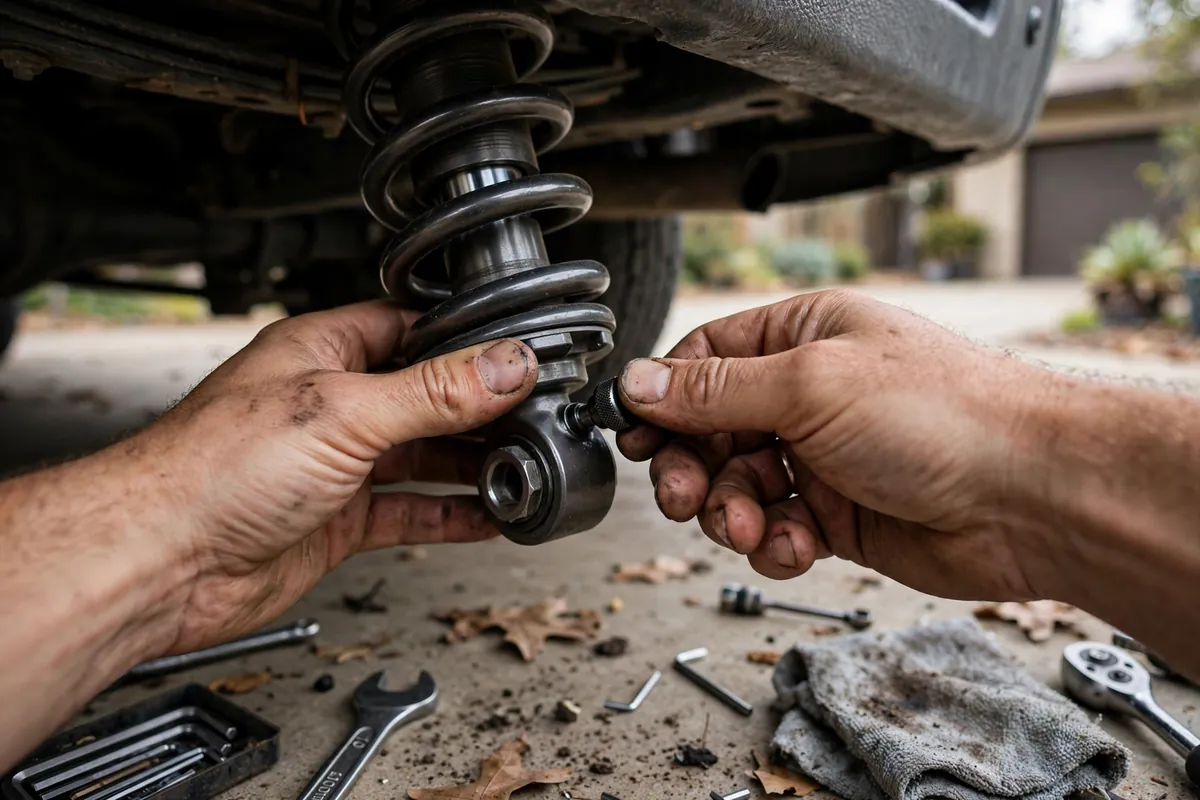 Hands adjusting the damping dial on a rear shock absorber under a camper-loaded truck