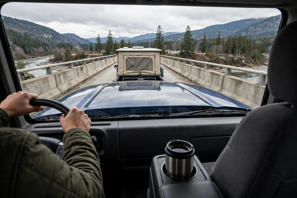 View over the hood from the passenger seat as a camper-loaded truck crosses a concrete bridge