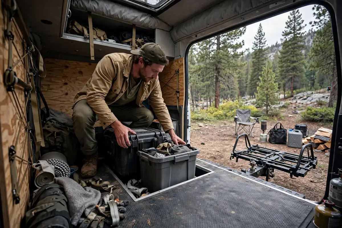 Owner loading heavy gear low and forward inside a truck camper with an empty rear bike rack nearby