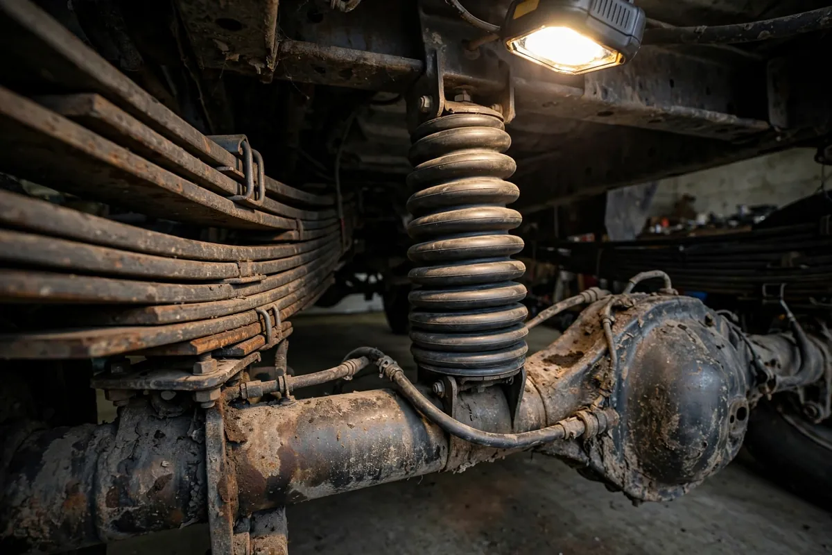 Hollow rubber helper spring mounted above a rear axle beside a leaf spring pack under a truck