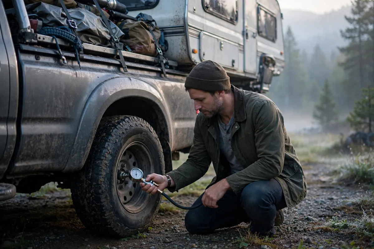 Owner kneeling beside a loaded truck rear tire checking pressure with a handheld gauge