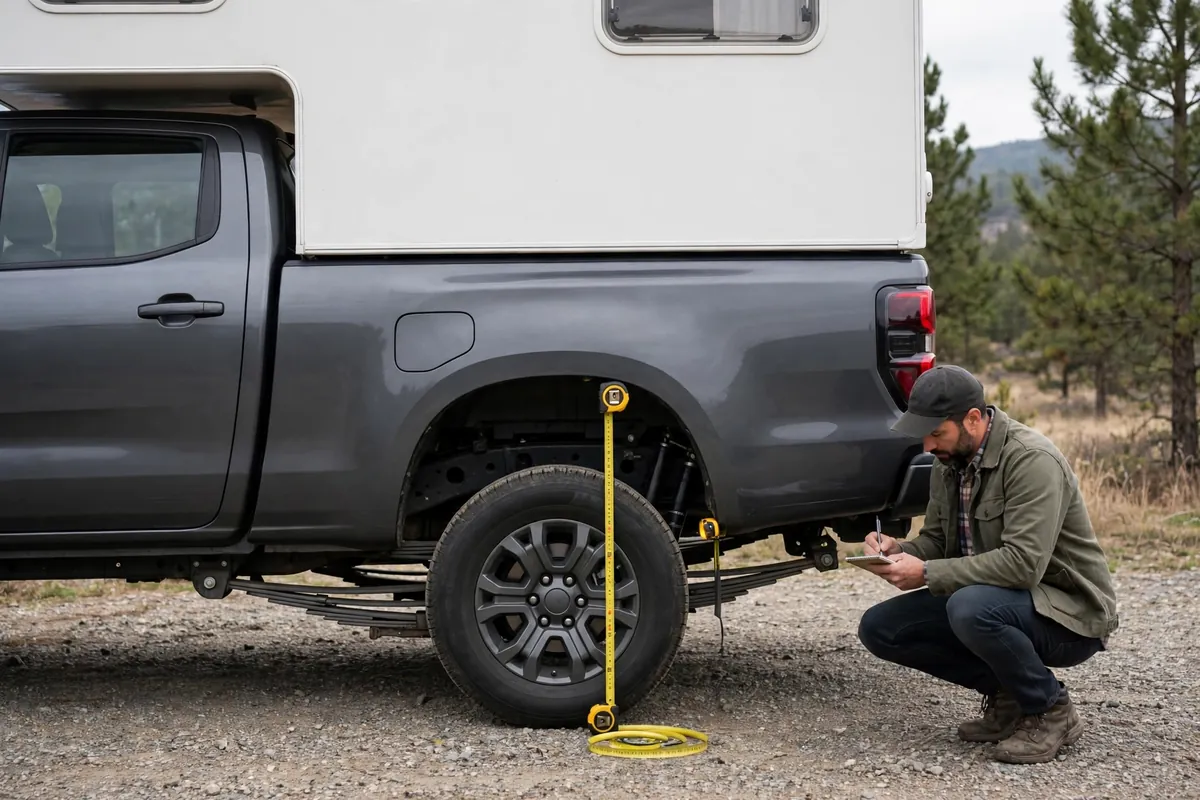 Tape measure at the rear wheel arch of a camper-loaded truck while the owner records the height