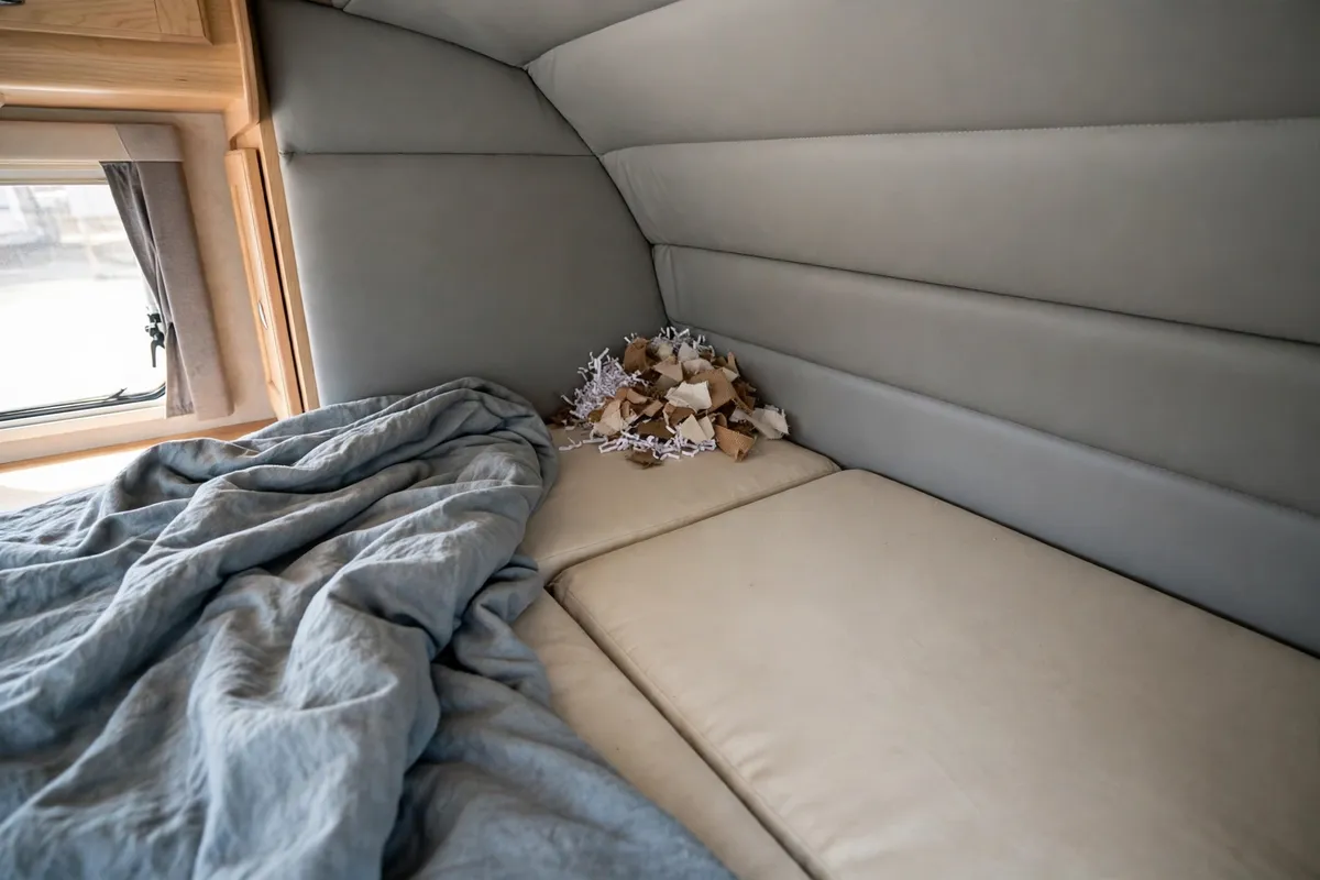 Mice in a Truck Camper - How They Get In, the Damage They Do, and How to Keep Them Out 3 Cabover bedding pulled back showing shredded nesting material in the mattress corner