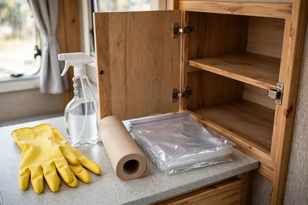 Mice in a Truck Camper - How They Get In, the Damage They Do, and How to Keep Them Out 6 Gloves, spray disinfectant, paper towels and sealed bags beside an open camper cabinet