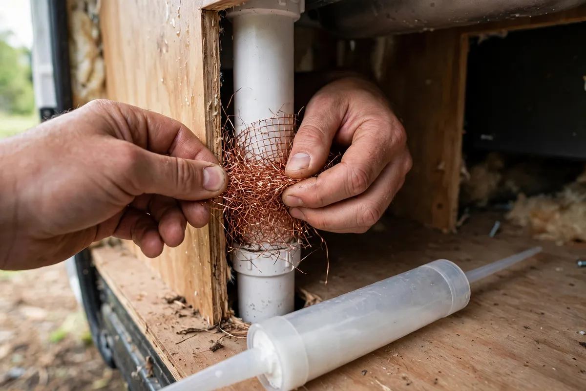 Mice in a Truck Camper - How They Get In, the Damage They Do, and How to Keep Them Out 4 Hands packing copper mesh into a gap around a pipe under a camper sink